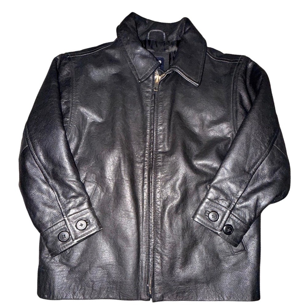Gap Leather Jacket Kids Full Zip Quilted Lined Bomber Biker Grunge XS 4 Black